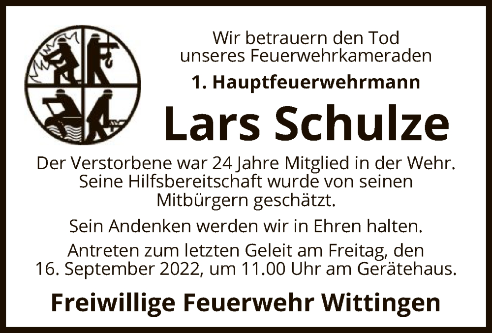  Traueranzeige für Lars Schulze vom 07.09.2022 aus UEL