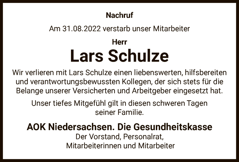  Traueranzeige für Lars Schulze vom 06.09.2022 aus UEL