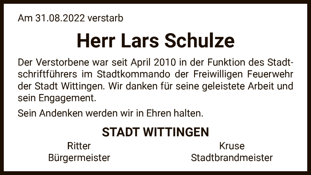  Traueranzeige für Lars Schulze vom 10.09.2022 aus UEL