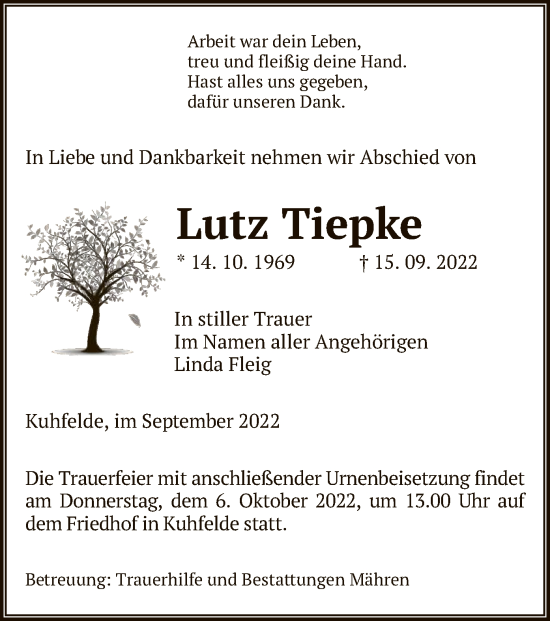 Traueranzeige von Lutz Tiepke von UEL