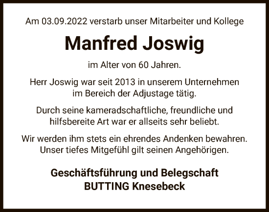 Traueranzeige von Manfred Joswig von UEL