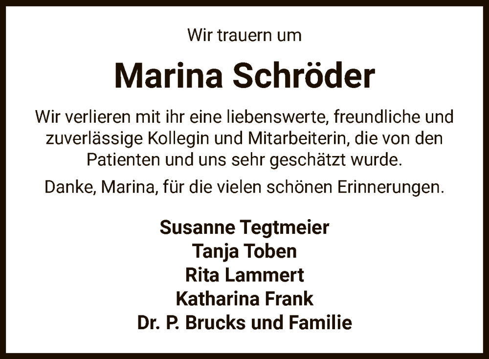  Traueranzeige für Marina Schröder vom 17.09.2022 aus UEL