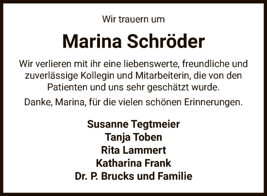 Traueranzeige von Marina Schröder von UEL