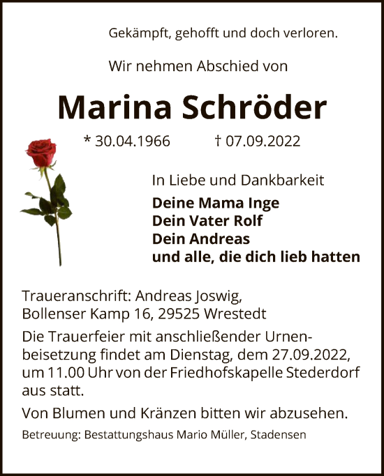 Traueranzeige von Marina Schröder von UEL