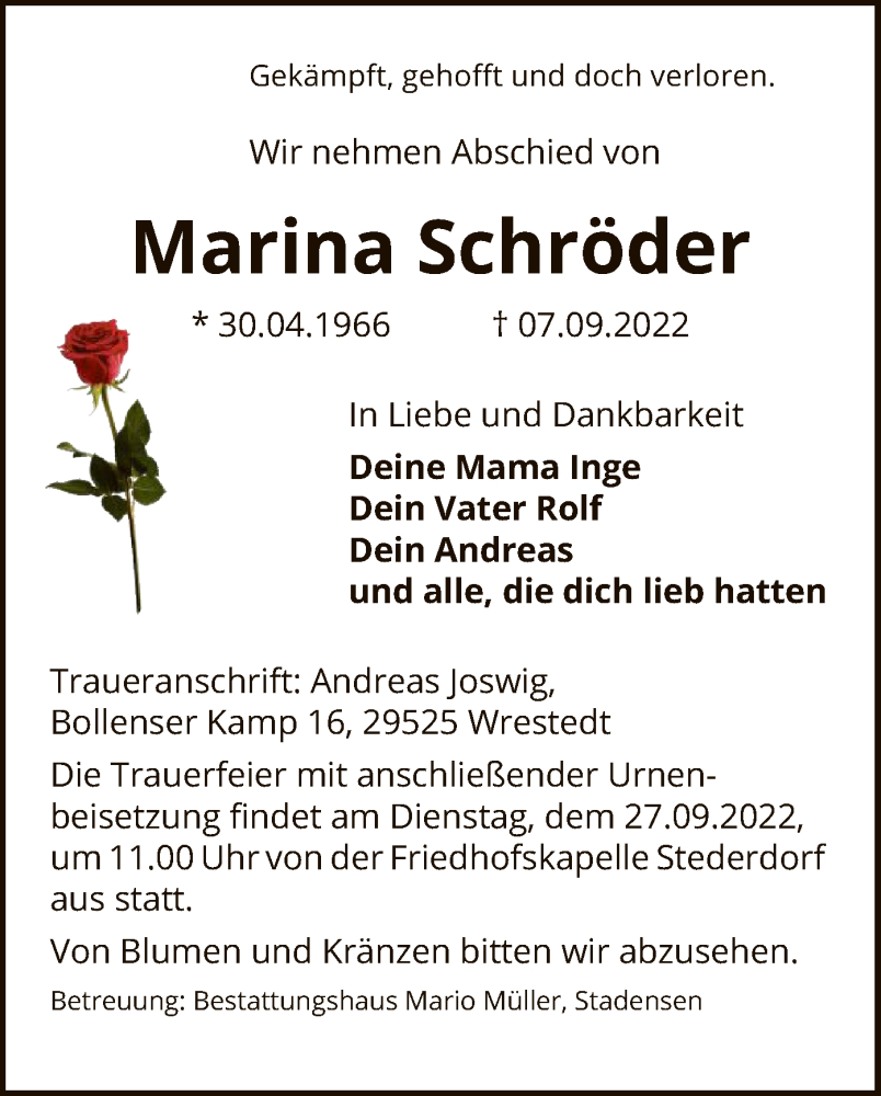  Traueranzeige für Marina Schröder vom 10.09.2022 aus UEL