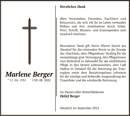 Traueranzeige von Marlene Berger von UEL