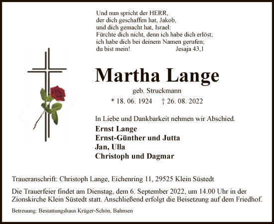 Traueranzeige von Martha Lange von UEL