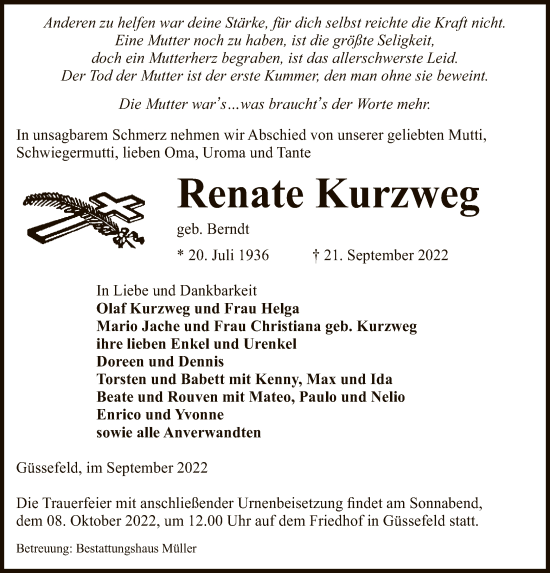 Traueranzeige von Renate Kurzweg von UEL