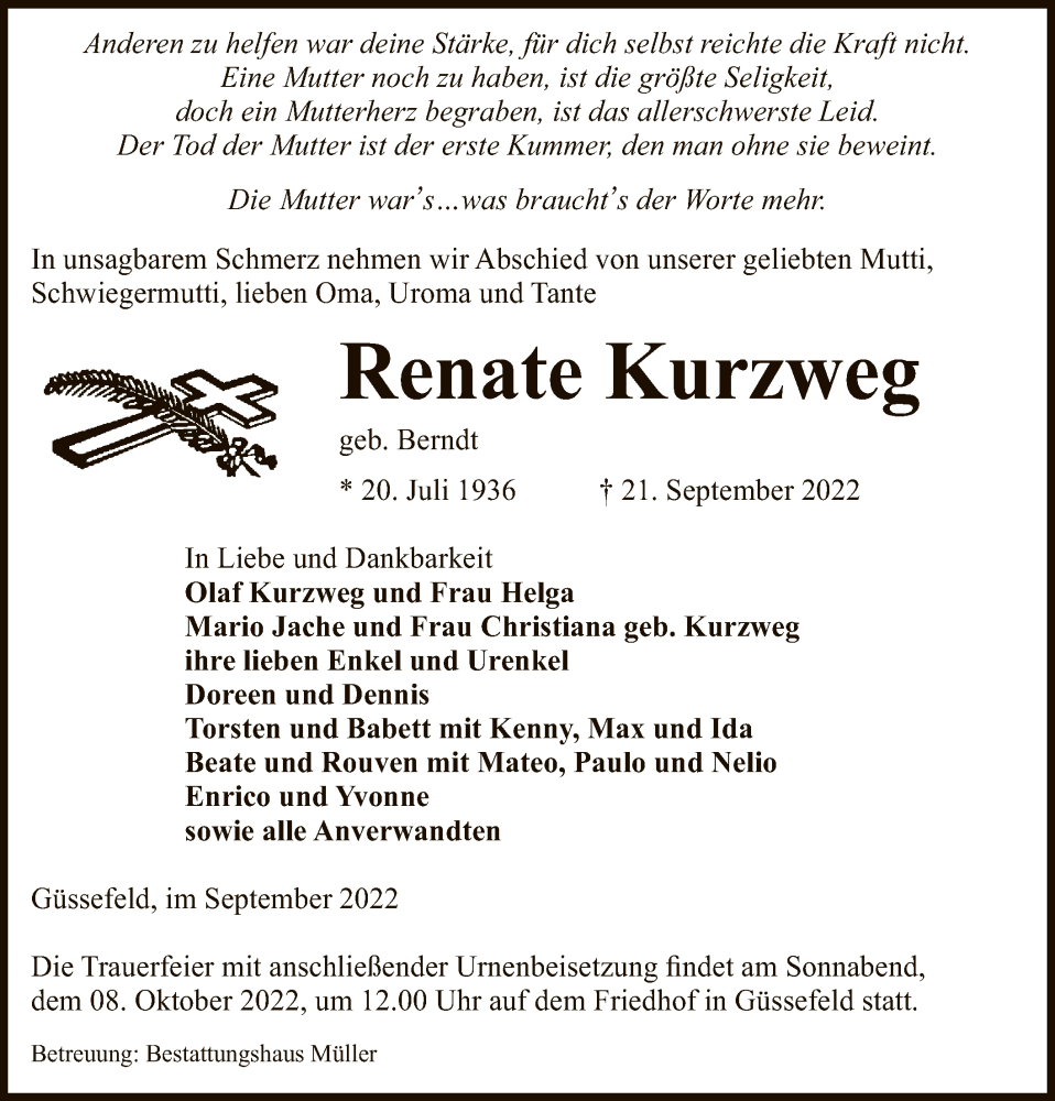  Traueranzeige für Renate Kurzweg vom 23.09.2022 aus UEL