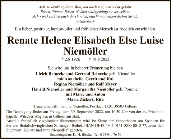 Traueranzeige von Renate Helene Elisabeth Niemöller von UEL