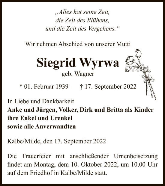 Traueranzeige von Siegrid Wyrwa von UEL