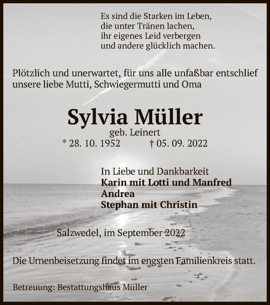  Traueranzeige für Sylvia Müller vom 08.09.2022 aus UEL