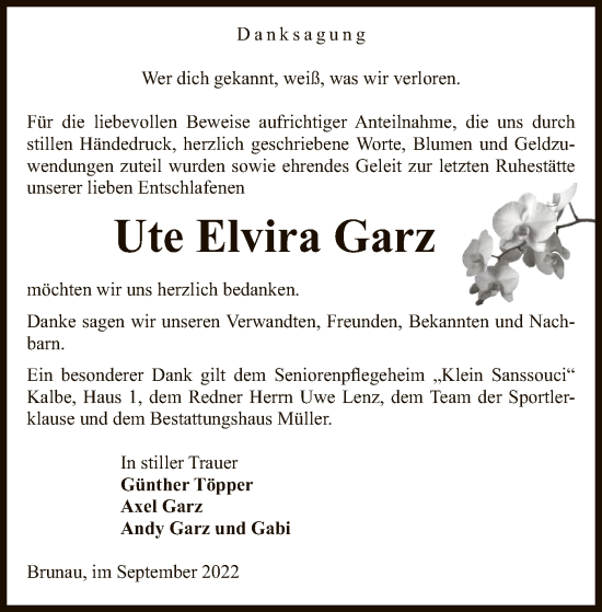 Traueranzeige von Ute Elvira Garz von UEL