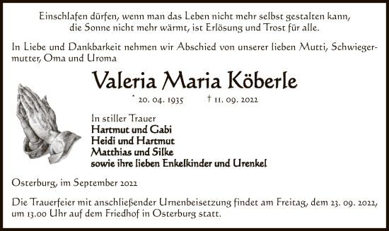 Traueranzeige von Valeria Maria Köberle von UEL