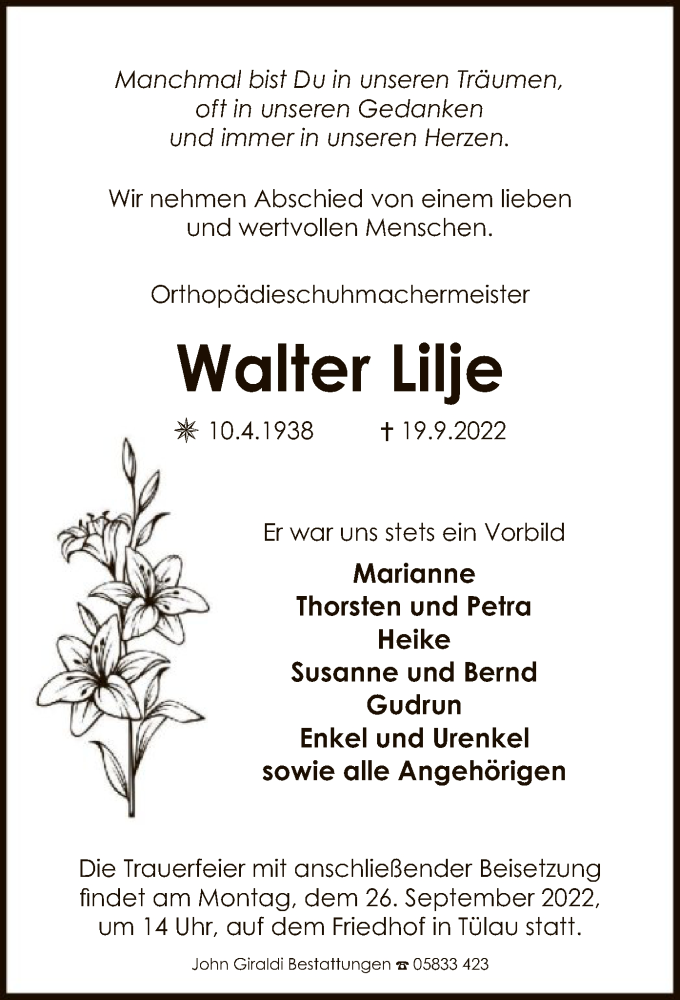  Traueranzeige für Walter Lilje vom 22.09.2022 aus UEL