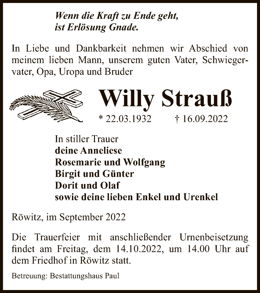  Traueranzeige für Willy Strauß vom 21.09.2022 aus UEL