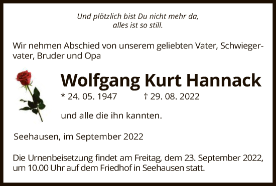 Traueranzeige von Wolfgang Kurt Hannack von UEL