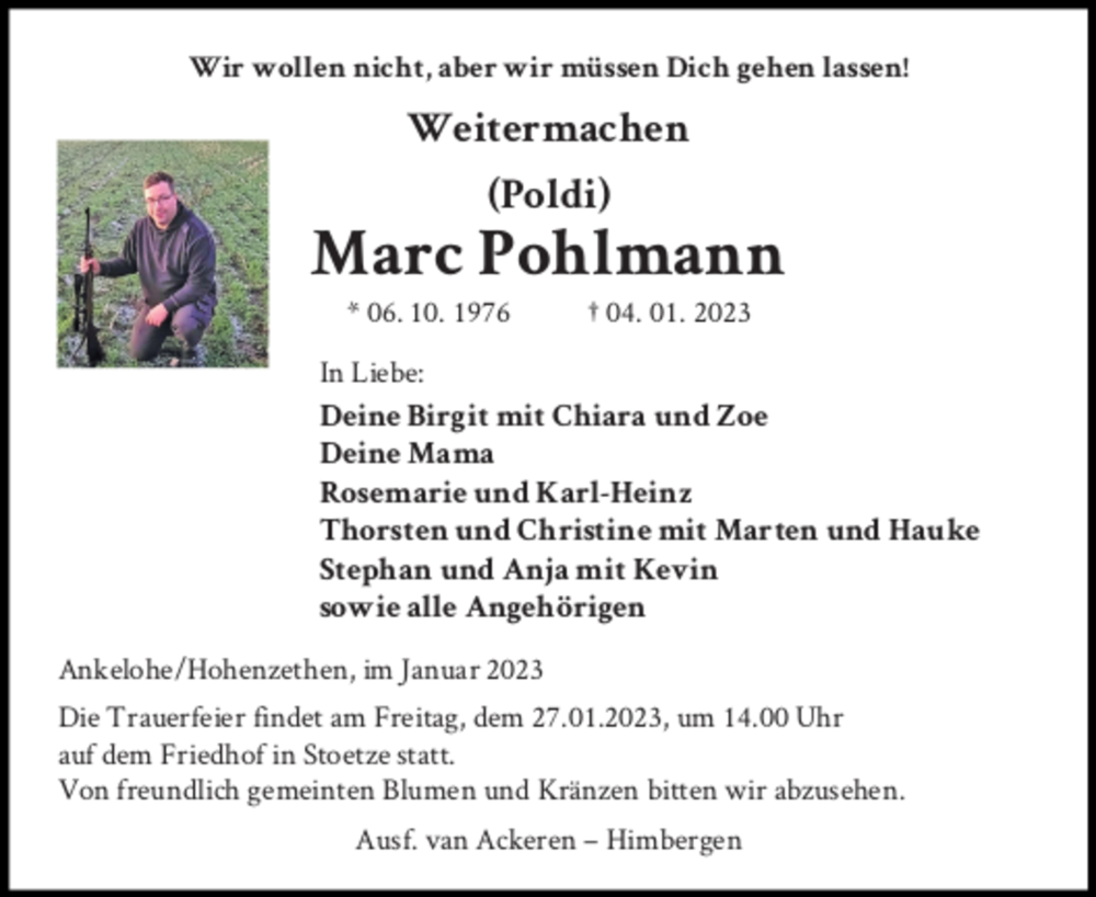  Traueranzeige für Marc Pohlmann vom 23.01.2023 aus UEL