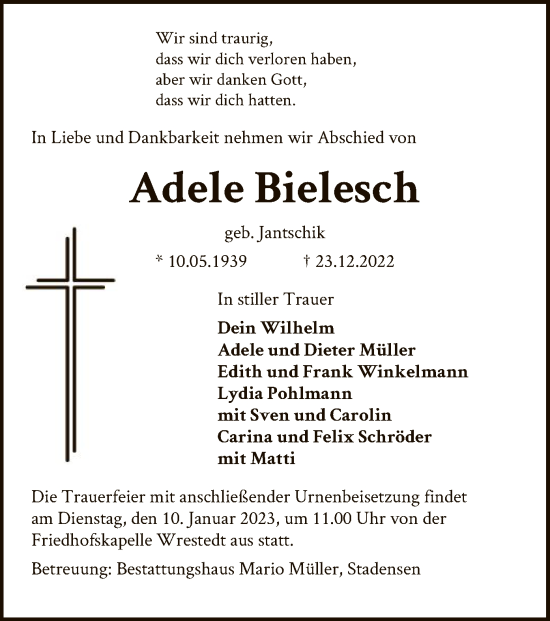 Traueranzeige von Adele Bielesch von UEL