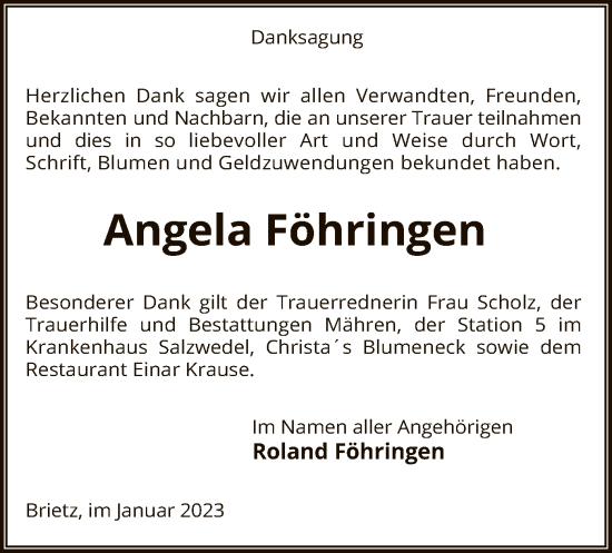 Traueranzeige von Angela Föhringen von UEL