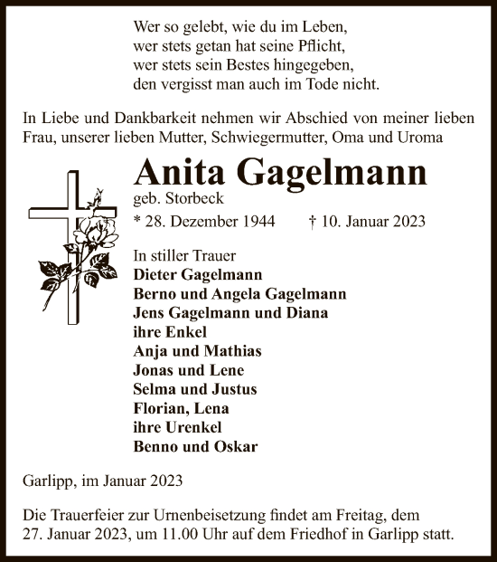 Traueranzeige von Anita Gagelmann von UEL