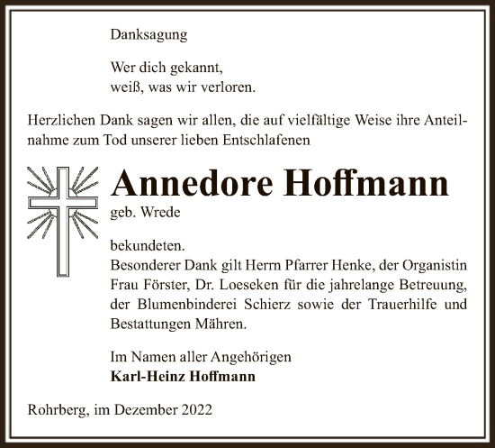 Traueranzeige von Annedore Hoffmann von UEL