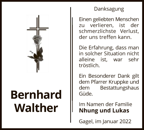 Traueranzeige von Bernhard Walther von UEL