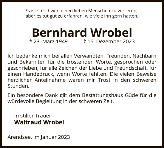 Traueranzeige von Bernhard Wrobel von UEL
