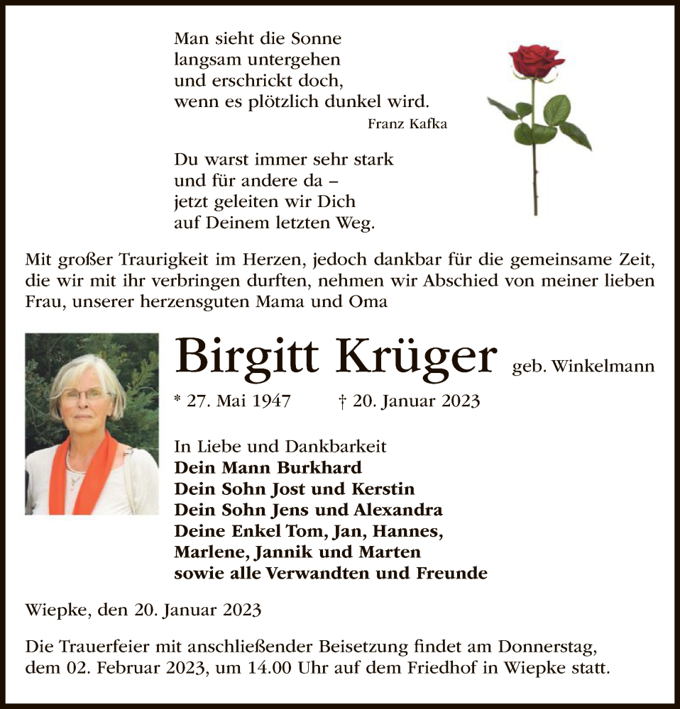  Traueranzeige für Birgitt Krüger vom 24.01.2023 aus UEL