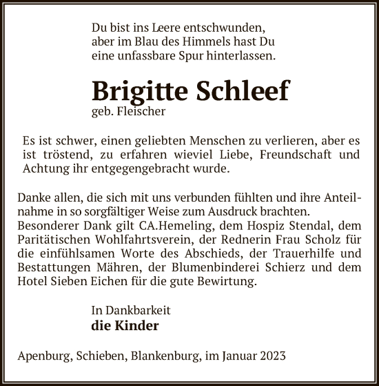 Traueranzeige von Brigitte Schleef von UEL