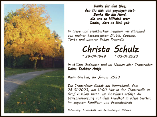 Traueranzeige von Christa Schulz von UEL