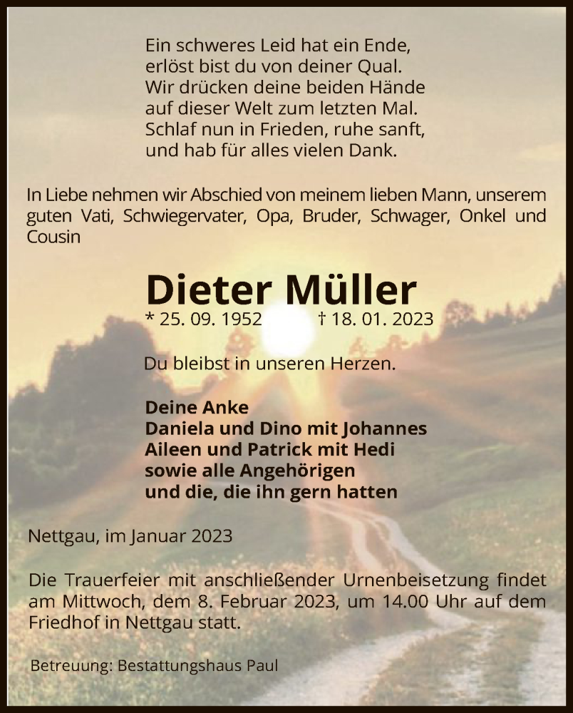  Traueranzeige für Dieter Müller vom 21.01.2023 aus UEL