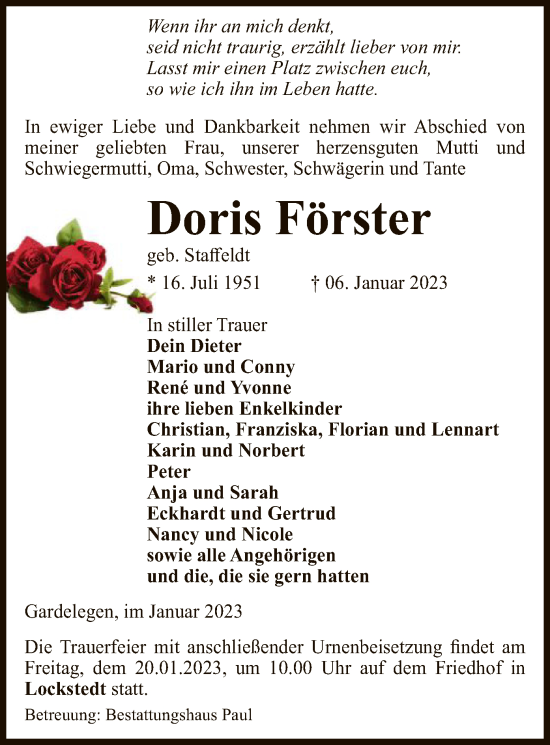 Traueranzeige von Doris Förster von UEL