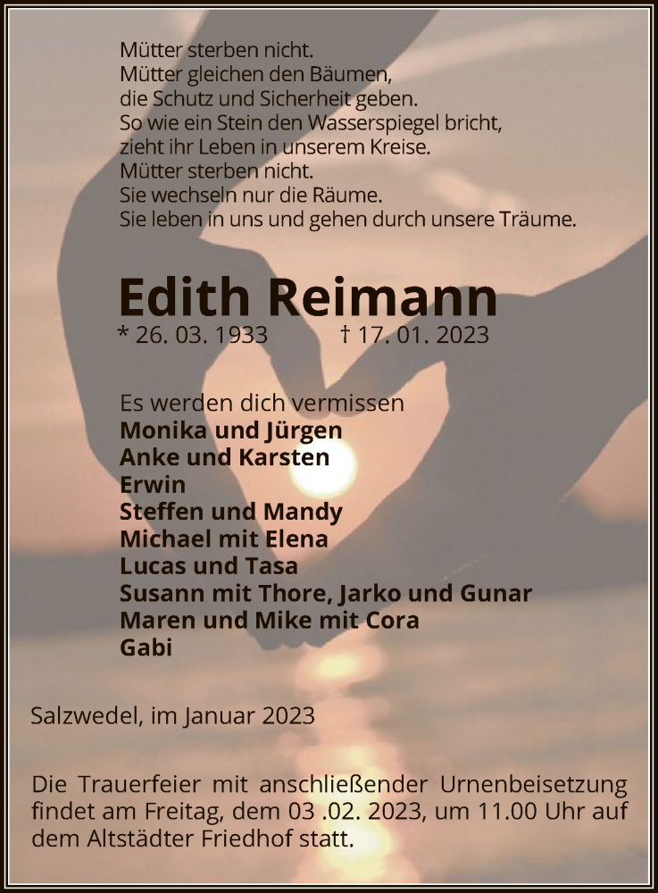  Traueranzeige für Edith Reimann vom 20.01.2023 aus UEL
