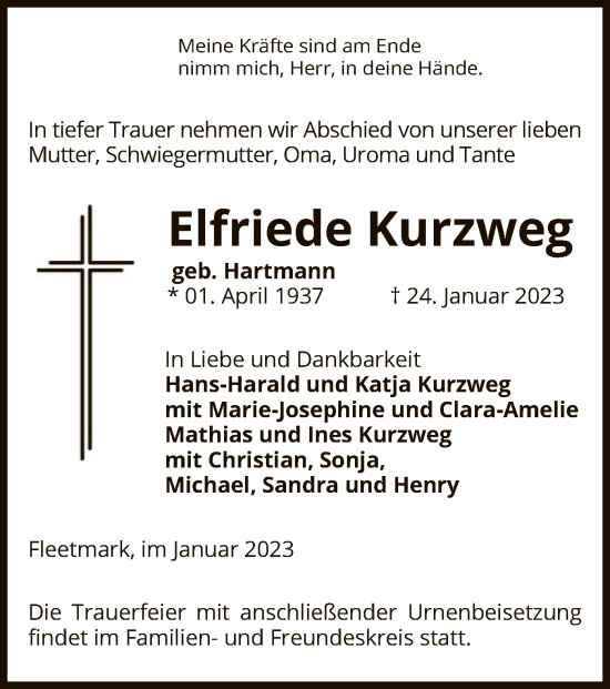 Traueranzeige von Elfriede Kurzweg von UEL