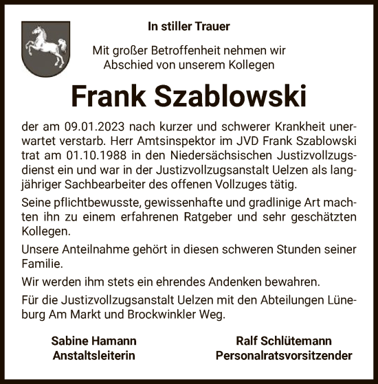 Traueranzeige von Frank Szablowski von UEL