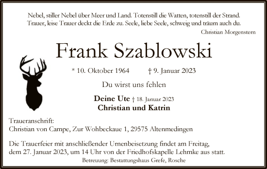 Traueranzeige von Frank Szablowski von UEL