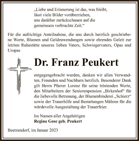 Traueranzeige von Franz Peukert von UEL