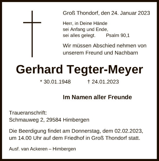 Traueranzeige von Gerhard Tegter-Meyer von UEL