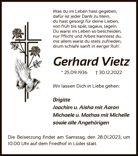 Traueranzeige von Gerhard Vietz von UEL