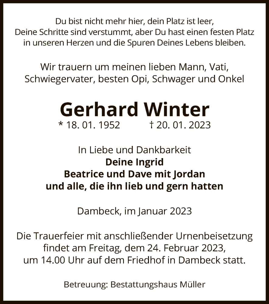  Traueranzeige für Gerhard Winter vom 25.01.2023 aus UEL