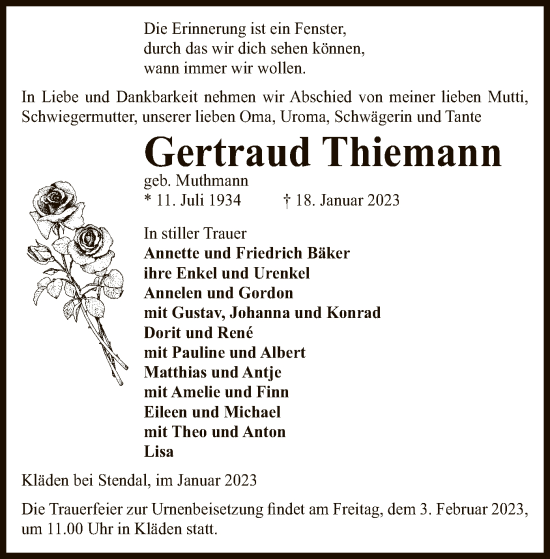 Traueranzeige von Gertraud Thiemann von UEL