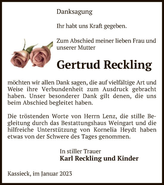 Traueranzeige von Gertrud Reckling von UEL