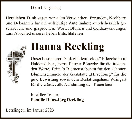 Traueranzeige von Hanna Reckling von UEL