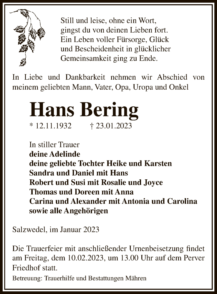  Traueranzeige für Hans Bering vom 26.01.2023 aus UEL
