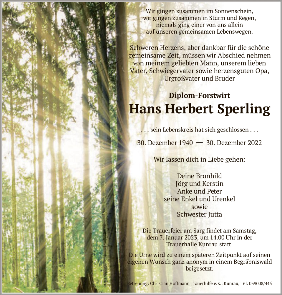  Traueranzeige für Hans Herbert Sperling vom 03.01.2023 aus UEL