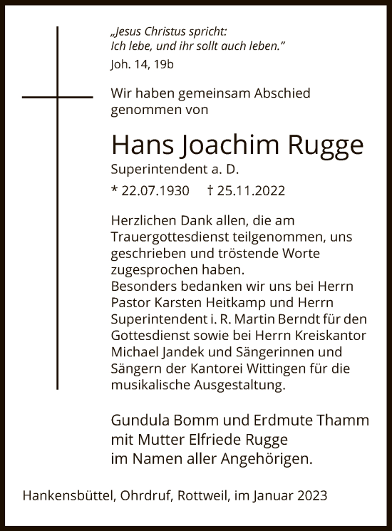 Traueranzeige von Hans Joachim Rugge von UEL