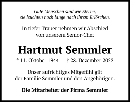 Traueranzeige von Hartmut Semmler von UEL