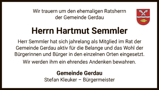 Traueranzeige von Hartmut Semmler von UEL