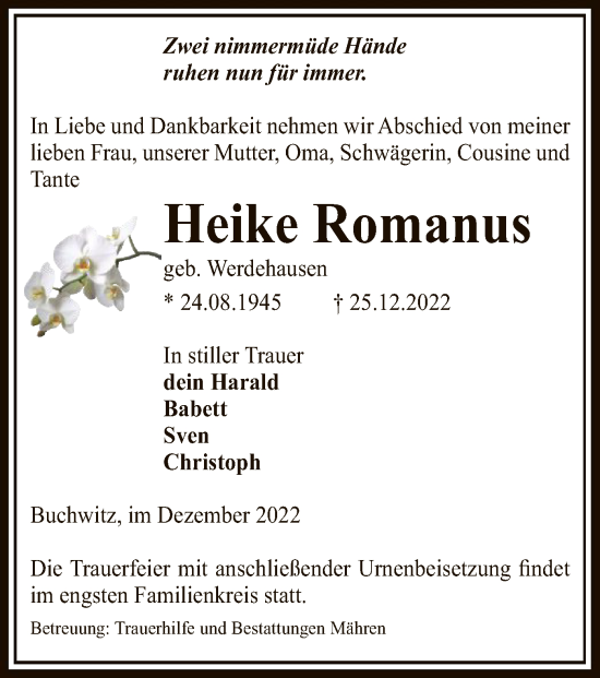 Traueranzeige von Heike Romanus von UEL